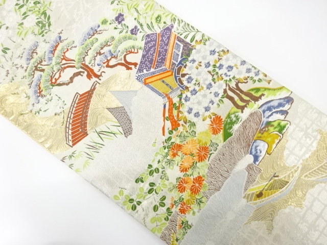 橋に小舟・御所車・草花模様織り出し　袋帯